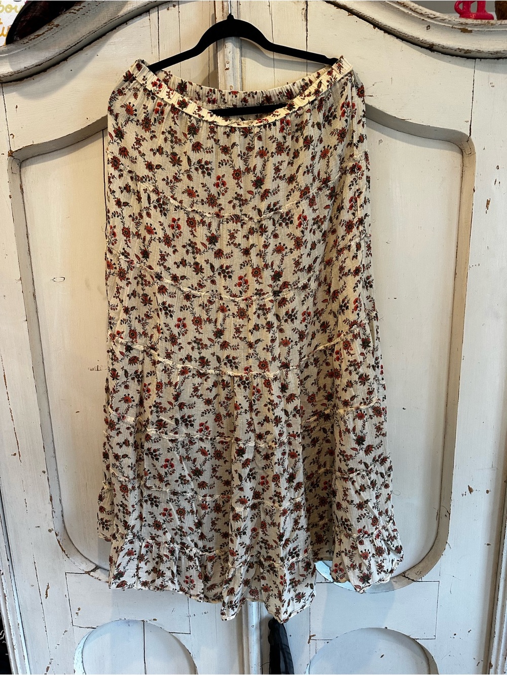 Denim & Supply Ralph Lauren Cream Floral Tiered Maxi Skirt with Red Accents